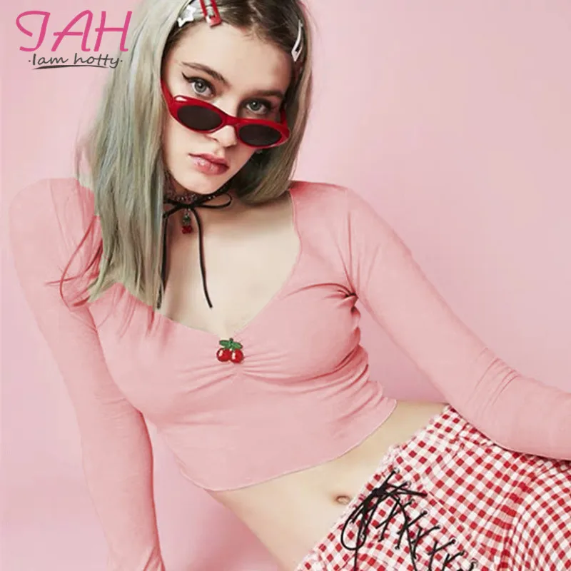 

IAMHOTTY Print V-Neck Bodycon T-Shirt Femme Pink Sweet Sexy Kawaii Fashion Woman Tshirt 2019 Autumn Basic Korean Style Tee Shirt