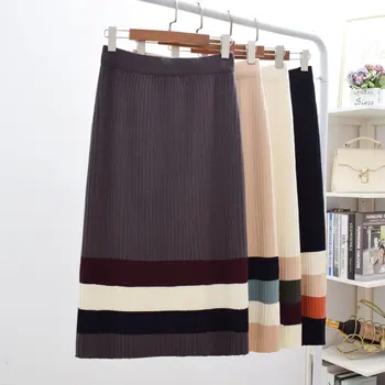 

Vintage Slim Striped Print Autumn Winter Knit Midi Long Skirt Soft Women Mid-Calf High Waist Casual A-Line Retro Elegant Skirts