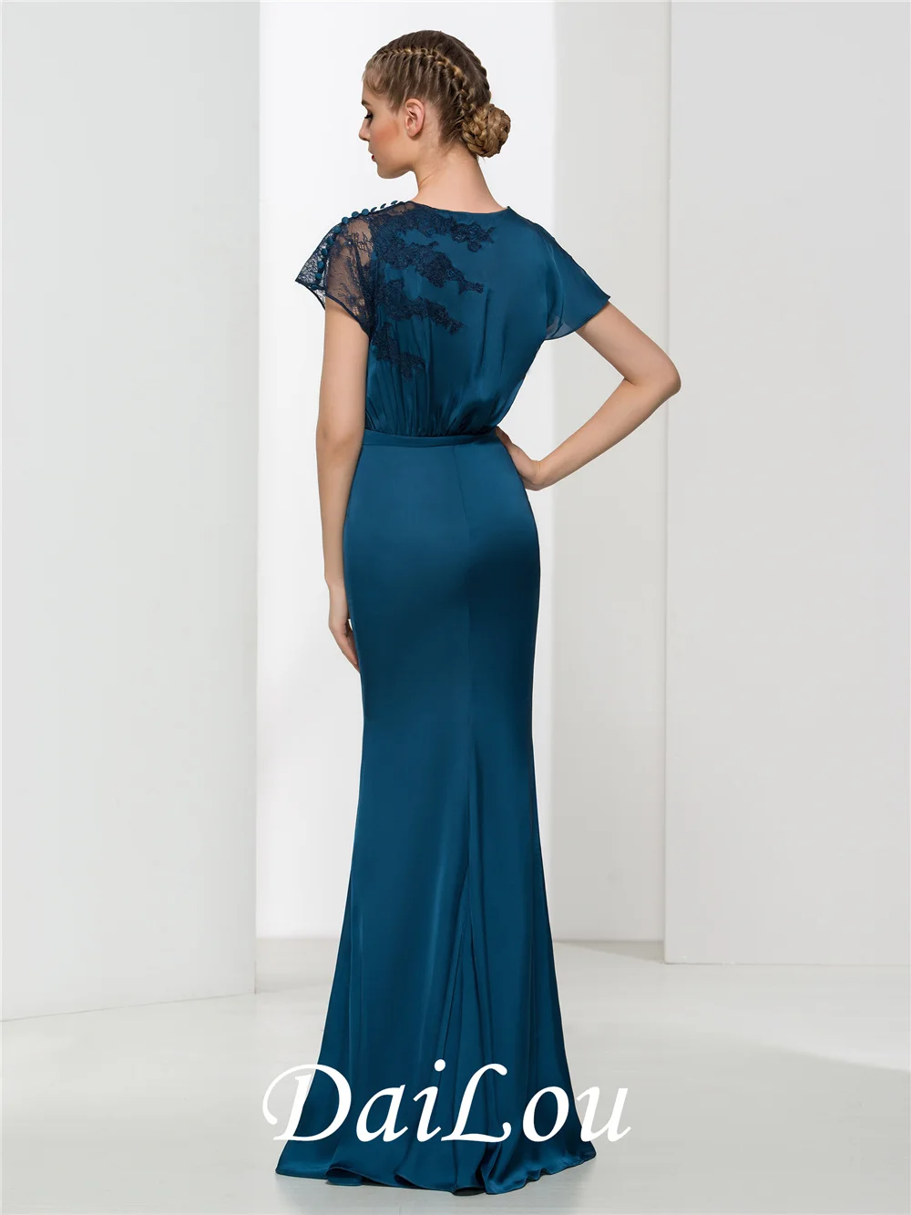 Mermaid Button Round Neck Lace Floor-Length Sashes Floor Length Cap Sleeve Satin Chiffon Evening Dress 2022