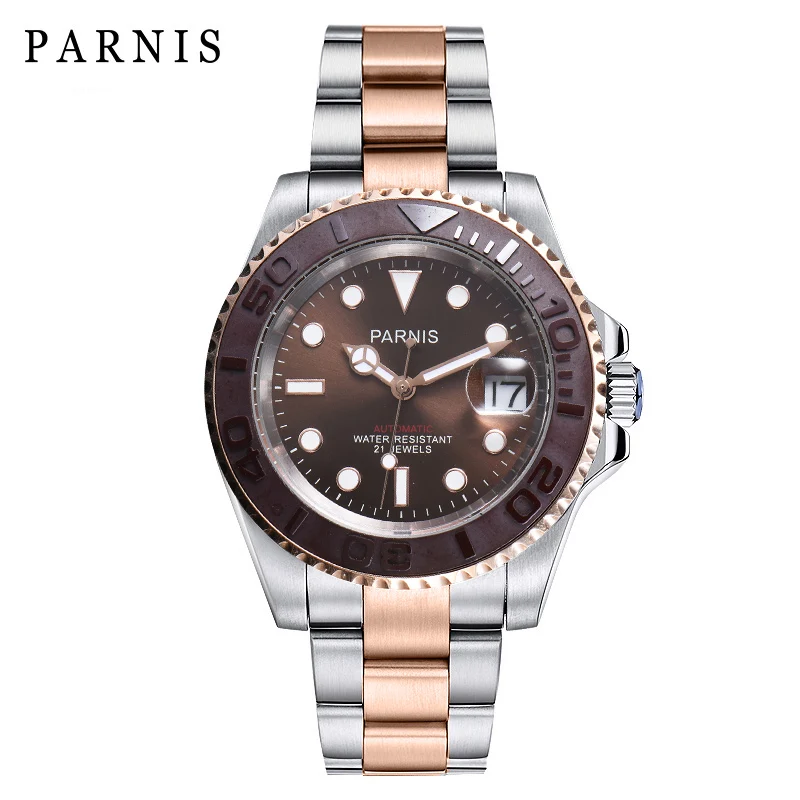 Parnis 40 мм Циферблат Мужские часы Diver Miyota 8215 сапфировое стекло светящиеся автоматические механические мужские часы лучший бренд класса люкс - Цвет: rose gold steel 2