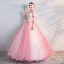 Vestido Debutante/милое 16 платье Пышное Бальное Платье с открытыми плечами с аппликацией и кружевными цветами, Длинные Дешевые пышные платья розового цвета