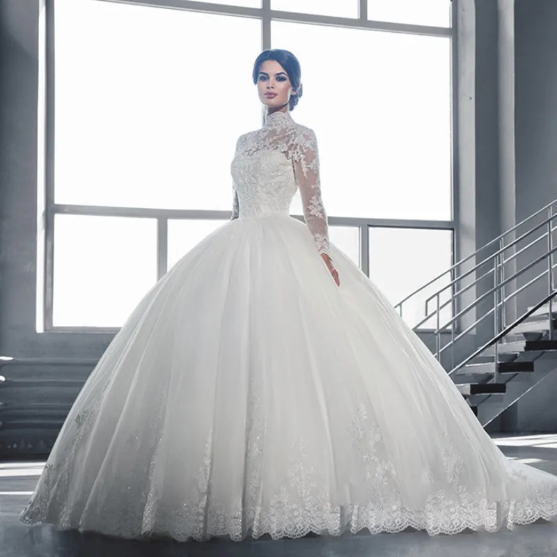 Vestido De Noiva, свадебное платье принцессы, Пышное Бальное Платье с длинным рукавом и аппликацией, кружевное платье с высоким воротом, свадебное платье, Robe De Mariee