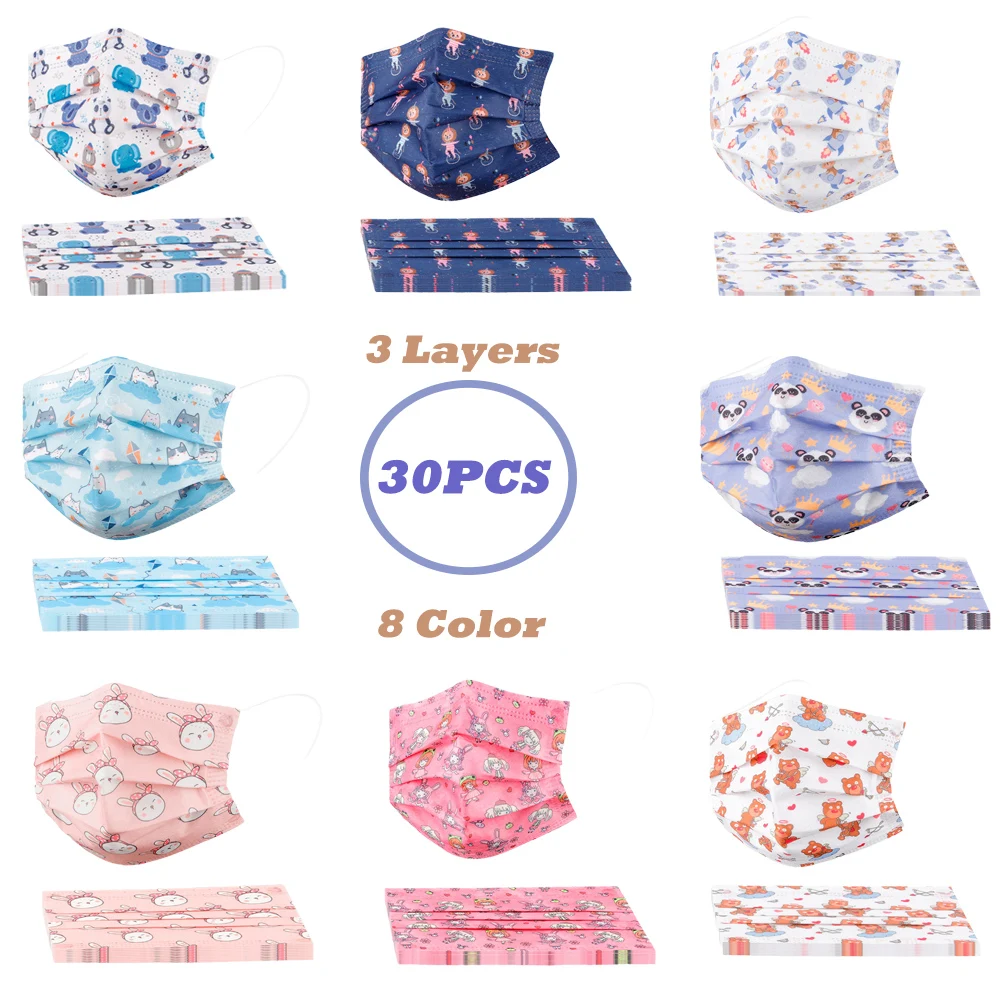 30pcs Child Disposable Prints Face Mask High-quality Industrial 3 Layers Mouth For Kids Pm2.5 Masks Earloop Bandage Masques |