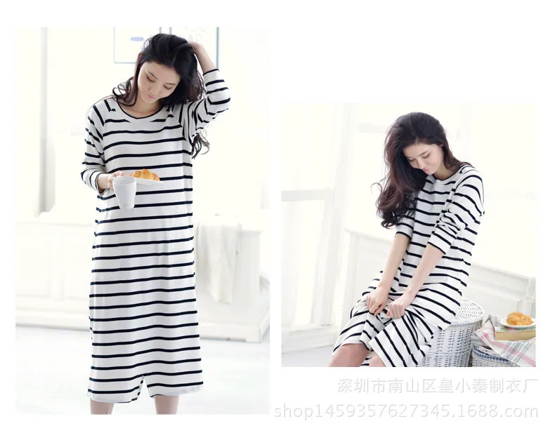 Autumn Nightgown Female Summer Long Sleeve Thin Pure Cotton Large Size Loose-Fit Korean-style Mid-length Cute Students Dress Paj