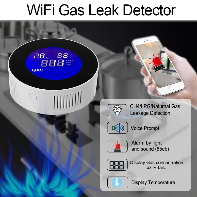 Смарт датчик утечки природного газа Tuya с Wi Fi датчиком температуры и ЖК