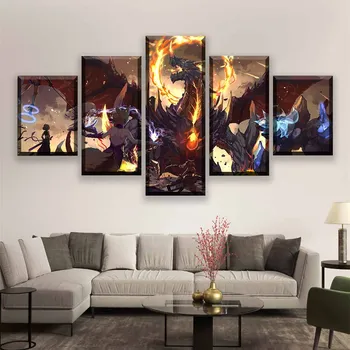

Wall Art Printed 5 Pieces Canvas Pictures Dragon Anime Battle Poster Paintings Home Decoration Living Room Modular Framework