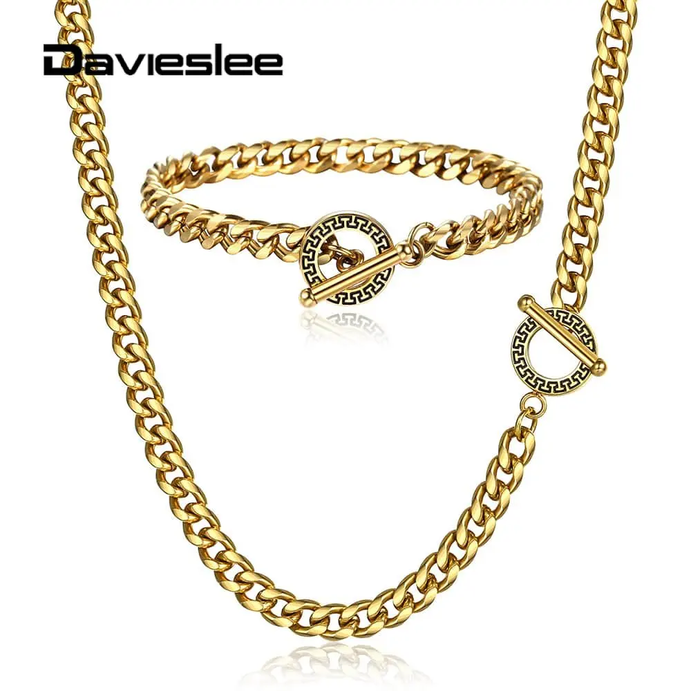 

Mens Womens Jewelry Set Stainless Steel Necklace Bracelet Set Silver Gold Toggle Clasp Cuban Curb Cable Link Chain 5/6mm DTSS07
