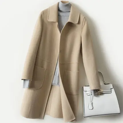 Camel Autumn Winter Women Double-faced Wool Coat High quality Doll collar Single-breasted Long Overcoat Female Slim Wool Blends Jacket - Цвет: Camel