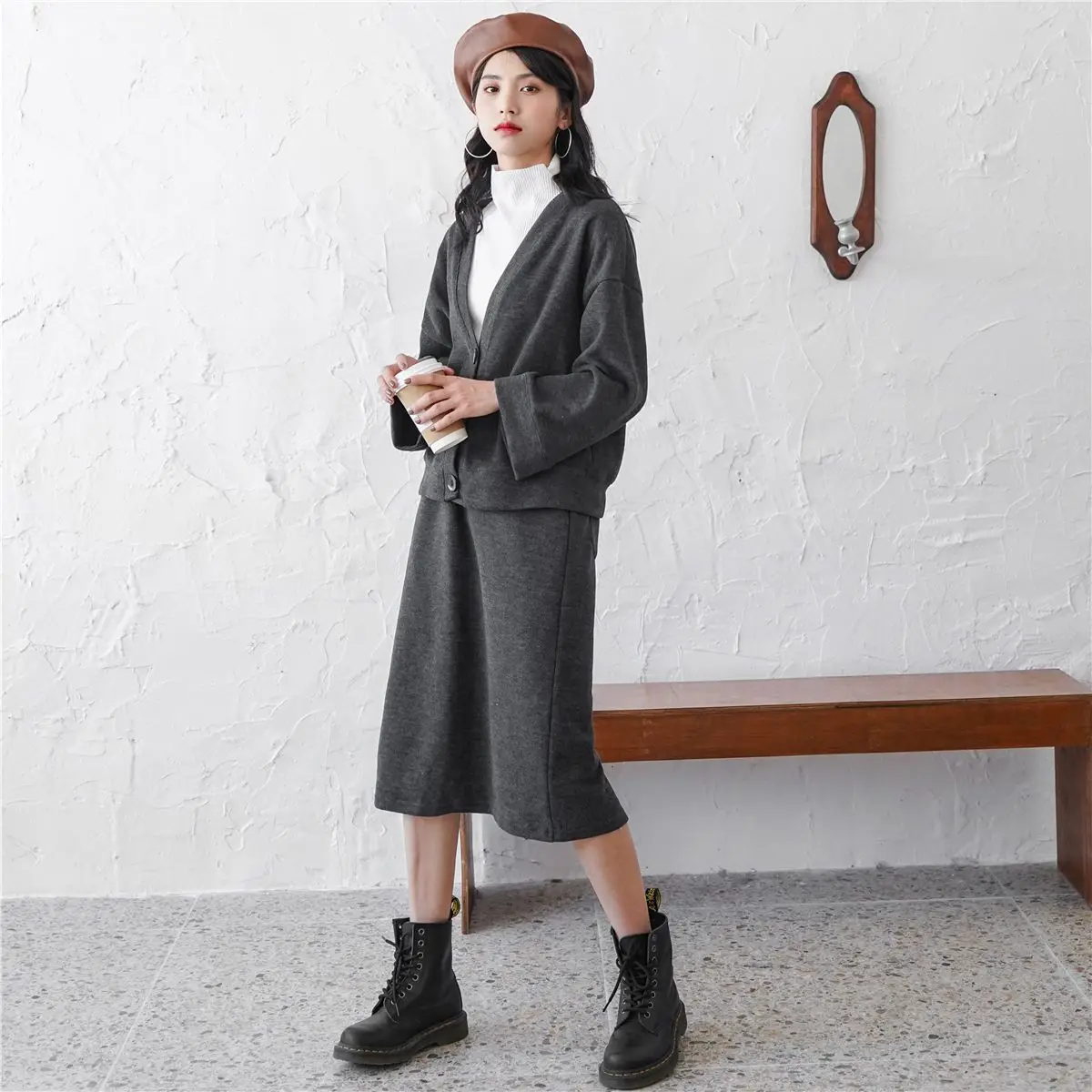 Women Skirt Single Breasted Turtleneck V-Neck + Render Vest + A Three-piece Suit Skirts Dark Grey 9131 Women Skirt Single Breasted Turtleneck V-Neck + Render Vest + A Three-piece Suit Skirts Dark Grey 9131
