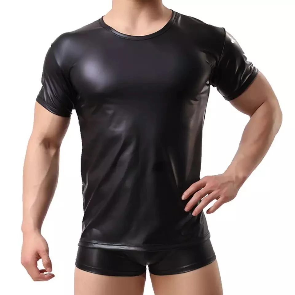 

Mens Sexy Soft PU Leather Short Sleeve Tops Erotic Shaping Sheath Vest Male Metallic Latex Casual Patent Leather T-shirts Sexi