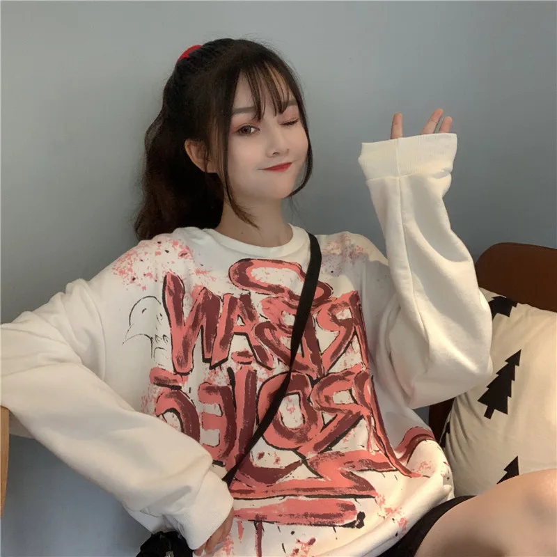 Осень Harajuku bf граффити печати Harajuku большой размер свободный женский колледж письмо Забавный o-образным вырезом с длинным рукавом Ulzzang Толстовка