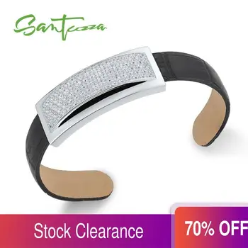 

SANTUZZA Silver Bracelet Bangle for Women Men 925 Sterling Silver Adjustable Bangle Black Genuine Leather Punk Fashion Jewelry