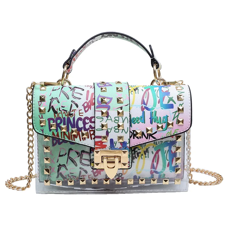 PVC Transparent Jelly Bag 2022 Fashion Graffiti Chain Single Shoulder Messenger Bag Purses and Handbags Tote Bags for Women