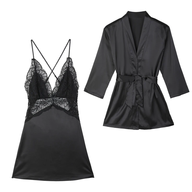 Fiklyc женское нижнее белье, ночная рубашка с открытой спиной+ банные халаты, комплект из двух предметов, атласная одежда для сна, пижамный комплект для женщин, Новинка - Цвет: black set