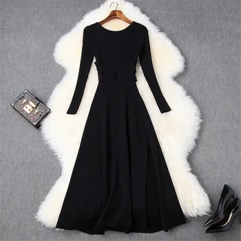 

Elegant Lady Winter Dress 2019 New Designers Women Long Sleeve Solid Mid Calf Aline Side Split Knitting Sweater Dresses Vestidos