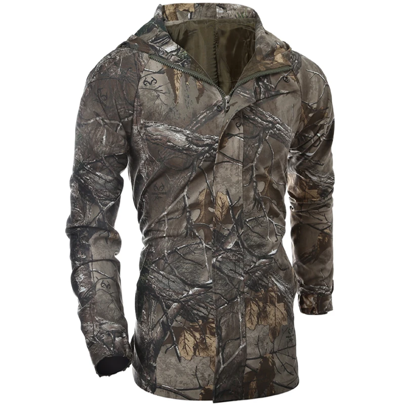 

Men's Mid-length Stand Collar Outdoor Camping Hoodie Hunting Jacket Tree Camouflage