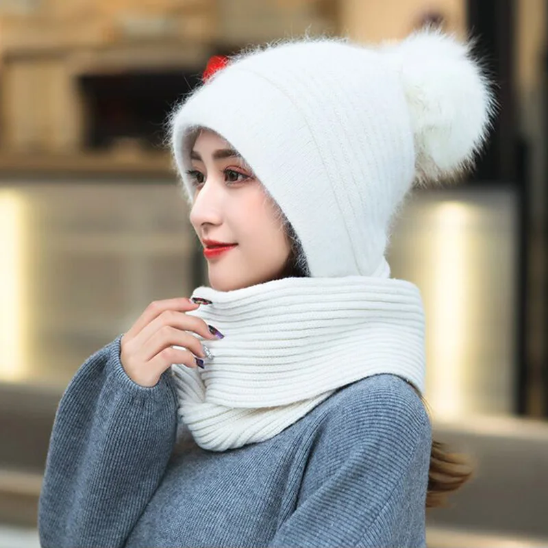 Зимняя женская вязаная шапка, шарф, комплект из 2 предметов, модная шерстяная утолщенная шапка, воротники, женская теплая шапка, шарф, набор, зимние шапки