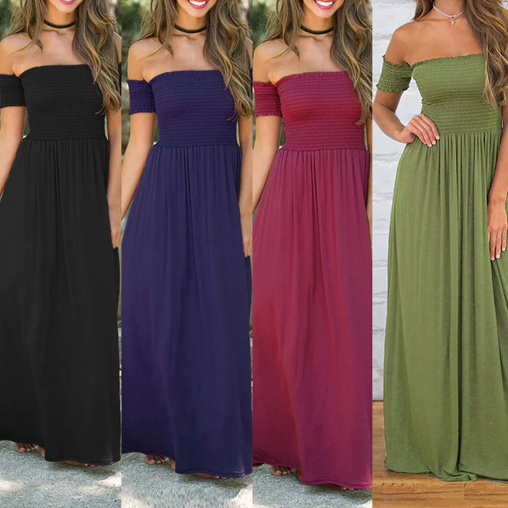 

Women Solid Dress Off Shoulder Summer Beach Holiday Evening Party Long Maxi Pleated Dress Elegant Women Sexy Dress 