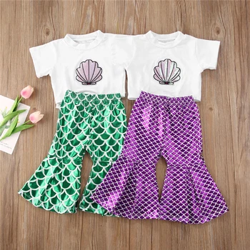 

2020 Summer Fashion Infant Kids Girls Clothes Sets Shell print Short Sleeve T-shirt Tops+Mermaid Flare Pants 2pcs Sets