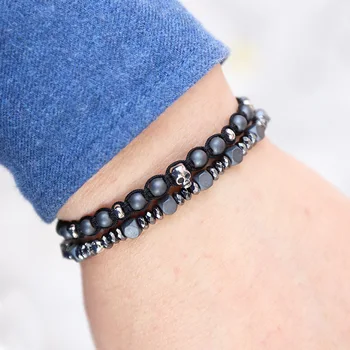 New Design Cute Style Men Jewelry Bracelet Small Beads Hematite Stainless Steel Skull Charm Braided Adjustable Bracelet Men