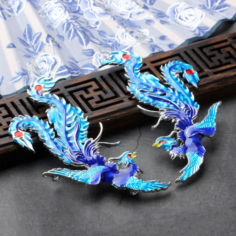 Women Fashion Lifelike Blue Phoenix Hairpins Ancient Chinese Ethnic Style Traditional Headdress Hair Clips Party Gift | Украшения и