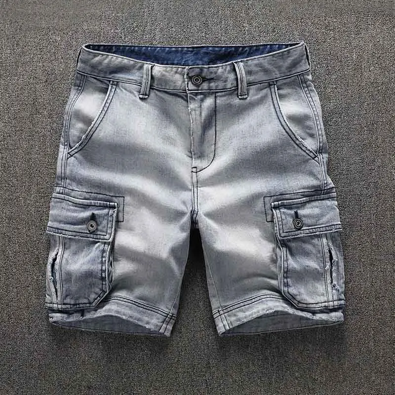 KIOVNO Summer Men Cargo Casual Denim Shorts Straight Washed Jeans Shorts Male Multi Pockets (6)
