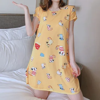 

Lady Sleepdress Cute Cartoon Short Sleeve Milk Silk One-piece Nightdress Women Dress Sleepwear Cotton Round Neck Print