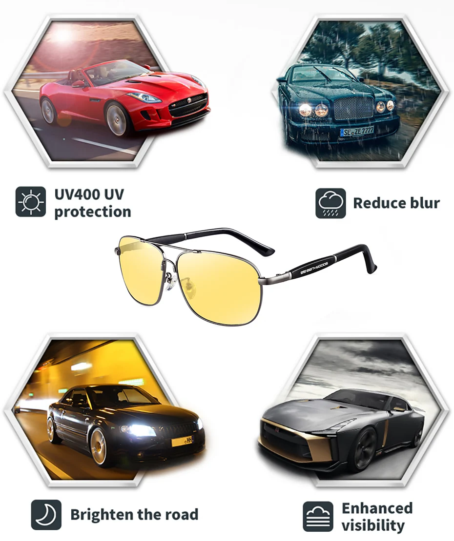 CAPONI Night Vision Sun Glasses Men Square Driving Vintage Eyewear Fashion Design Yellow Lenses Polarized Sunglasses BSYS10001