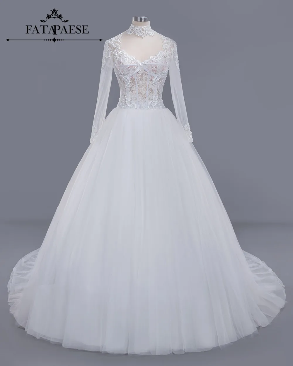 Vestidos De Noiva с длинными рукавами и высоким воротом ТРАПЕЦИЕВИДНОЕ свадебное платье из тюля Иллюзия аппликации сзади халат De Mariage платье невесты