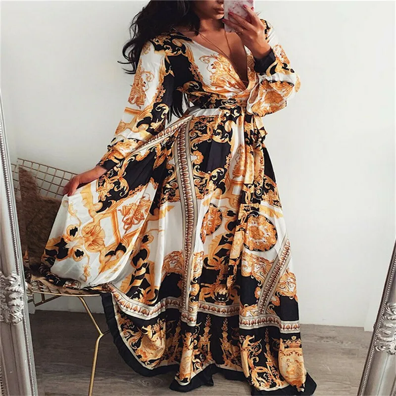 Summer Long Dress Floral Print Boho Beach Tunic Dress Maxi Dress Women V-neck Long Sleeve Party Chiffon Dress Sundress Vestito