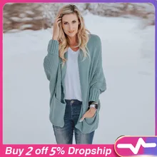 Женский с длинным рукавом, Модный женский теплый длинный вязаный кардиган с рукавом летучая мышь большого размера, свитер с открытым стежком, осенний свитер