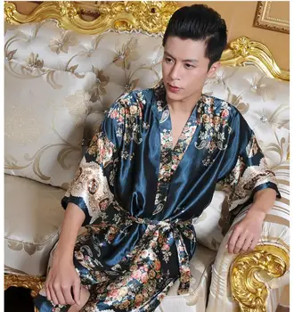 

Green Chinese Men Satin Rayon Robe Print Kimono Bath Gown Summer New Casual Home Wear Male Nightwear