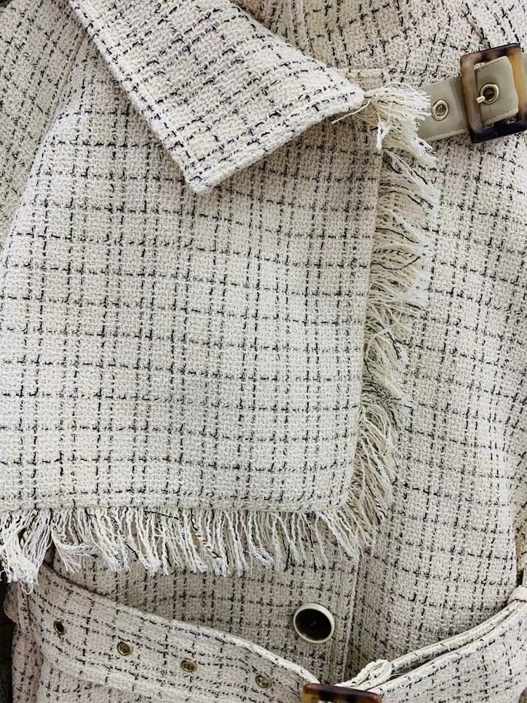Design Plaid Trench Coat Women Office Lady Coat A-Line Elegant Trench Windbreaker Belt Tassel Long Coat Women Streetwear