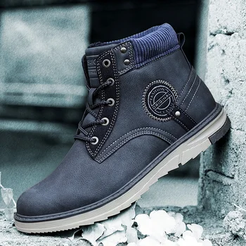 

Coturno High Top Mens Boots Leather Gray Winter Snow Boots Men Waterproof With Fur Keep Warm Round Toe Timber Bootie Land Shoes