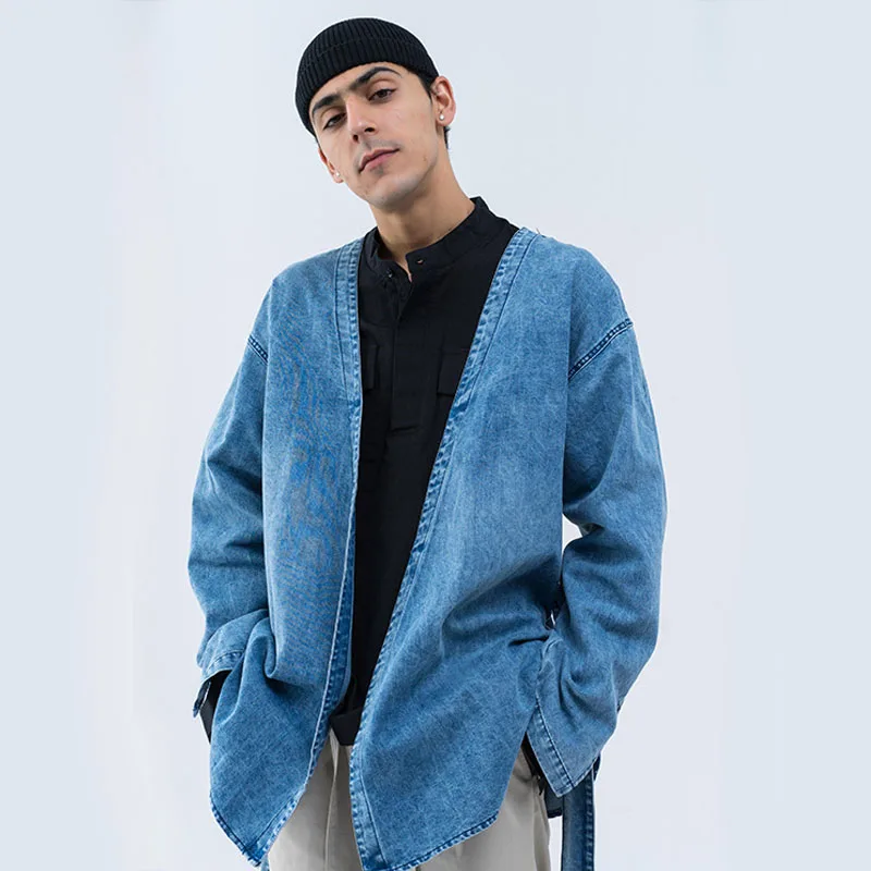 Men Hip Hop Denim Jacket Robe Cardigan 
