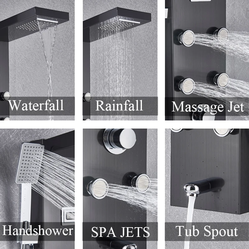 Black Nickel Thermostatic Mixer Shower Panel Rainfall Waterfall Massage