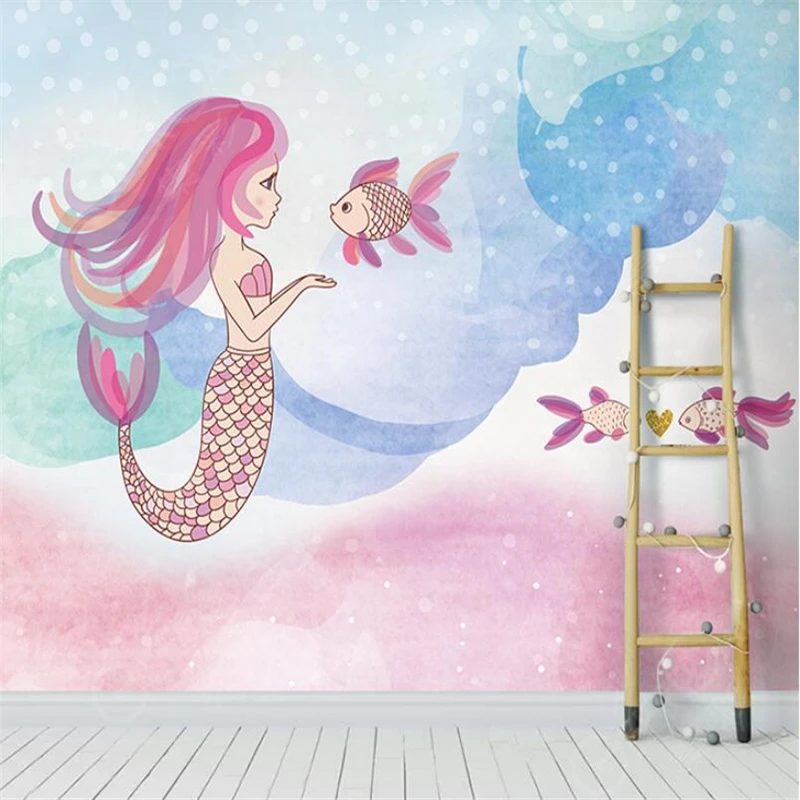 Papel de Parede Sereia dos Desenhos Animados para Decoração de Casa Underwater World Photo Custom Mural Covering For Childrens Room Boy And Girl Bedroom
