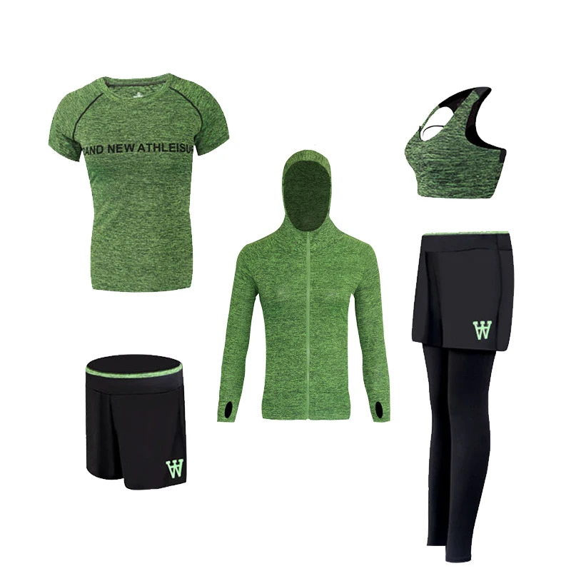 Женская спортивная одежда, комплект из 5 предметов, одежда для йоги, спортивные пальто и штаны, спортивная одежда для бега для женщин, спортивная одежда для спортзала - Цвет: Green 5 Piece Set