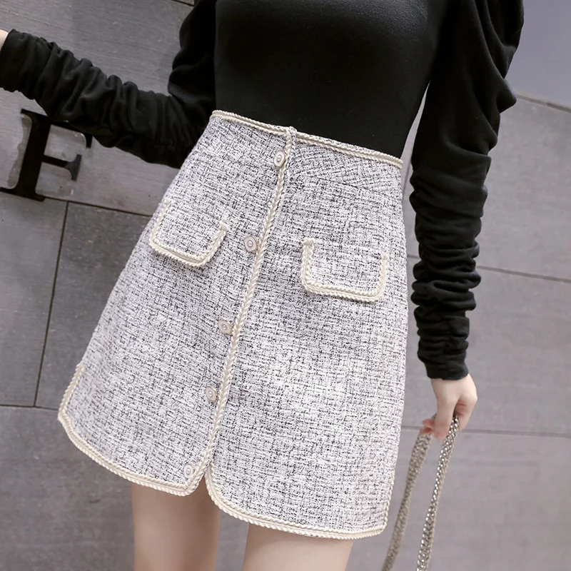 

2019 Autumn Winter Short Tweed Woolen Skirt Women Elegant Hight Waist ALine Mini Skirts Female Button Pockets Faldas Mujer Saias