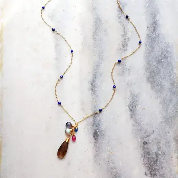 

Lii Ji Real Gemstone Sunstone Pink Sapphire Labradorite Lapis Lazuli Kyanite 14k GF Gold Chain Delicate Starry Long Necklace