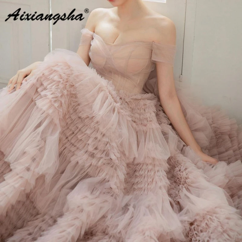 Aixiangsha Smoky Pink Evening Dresses Cake Tiered Off The Shoulder Celebrity Princess Gowns See Through New Arrival