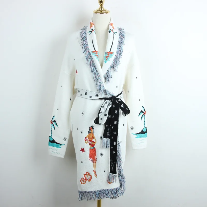 

New Runway Luxury Embroidery Knitted Cardigans Long Turn Down Collar Loose Cartoon Sweet Girl's Outerwear Coats Sashes Jackets