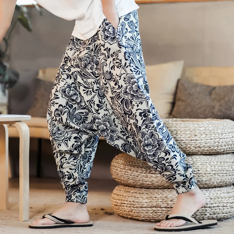 

Men Linen Cotton Pants Chinese-style Nepal Pants Flax Flower Pants Men's Large