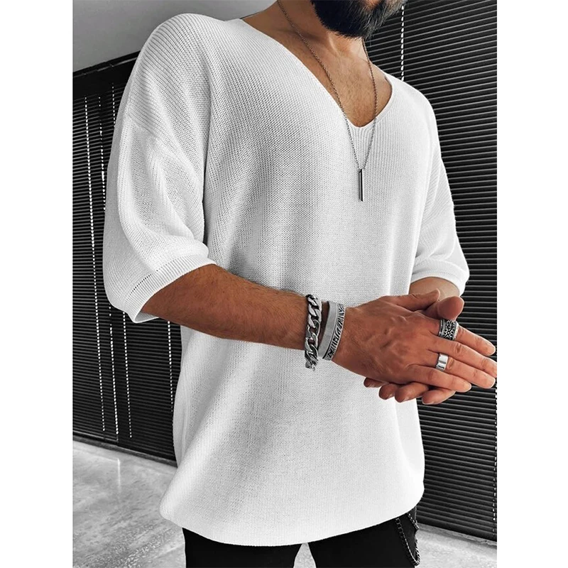Mens Casual Knitted Sweater Half Sleeve V-Neck Solid Jumpers Tops Fashion Slim Fit for Men turtleneck sweater basic sweater jacquard sweater