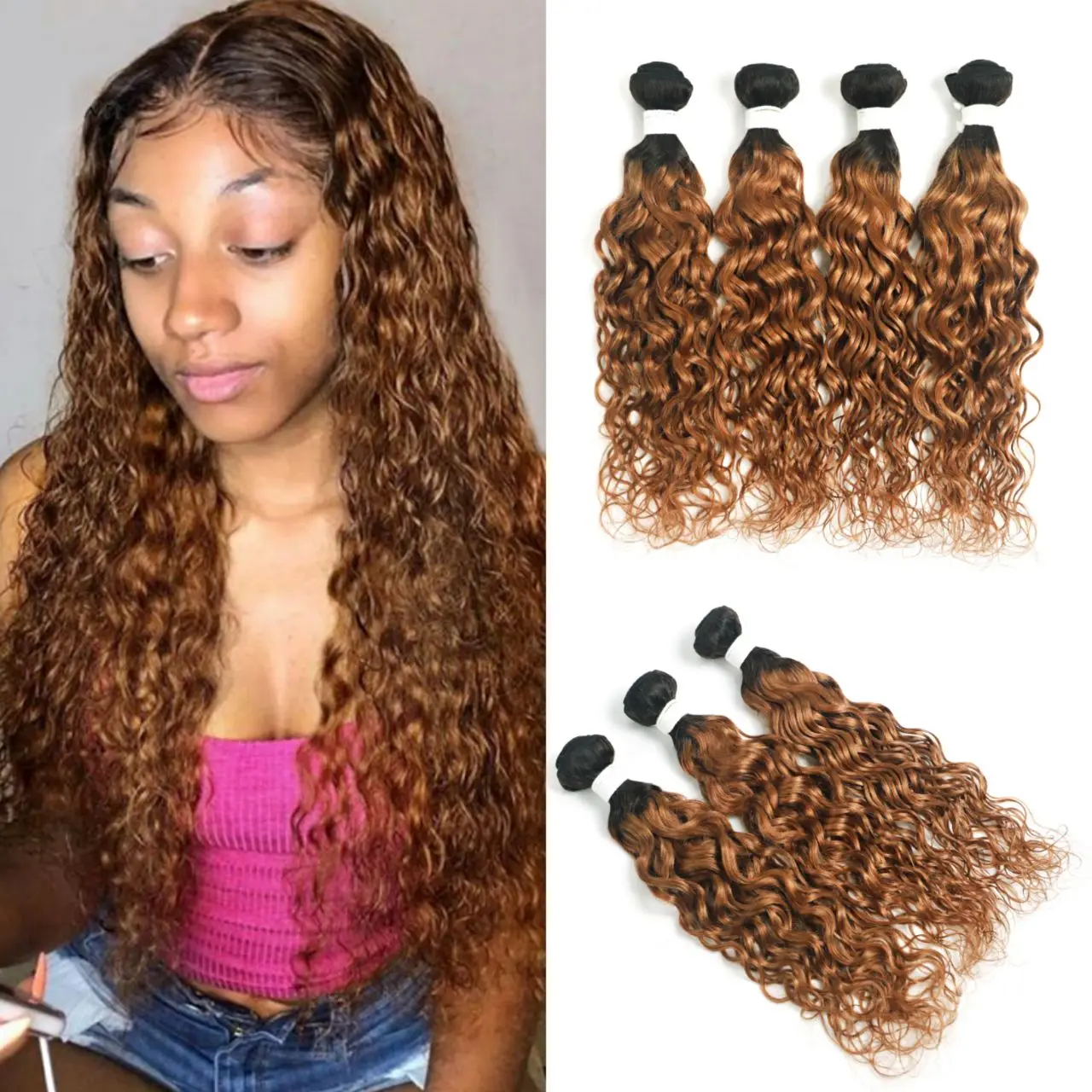 Water Wave Hair Bundles 1B 30 27 Brazilian Ombre Brown Human Hair Weave Bundles Non-Remy Honey Blonde Hair 3/4 Bundles Deal SOKU