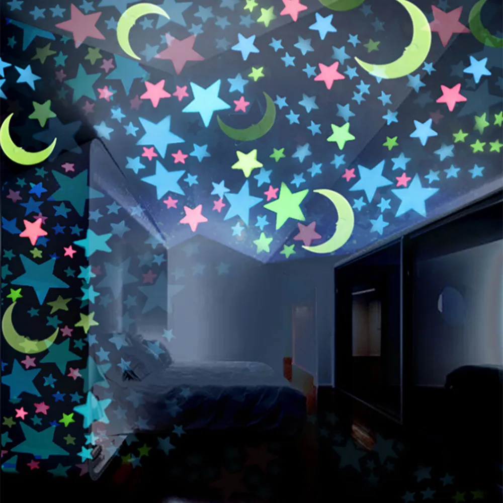 100 шт флуоресцентные настенные стикеры s для детской спальни светится в темноте, Звездные Луны, настенные Стикеры, аксессуары для украшения дома, наклейки s