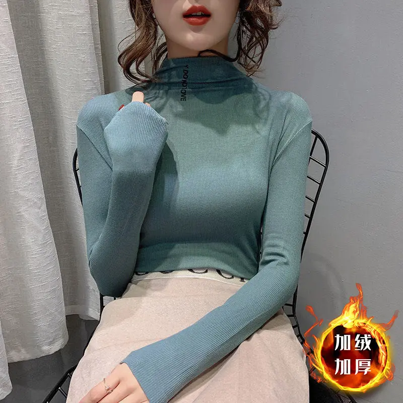 

2020 Add Wool Warm Fleece Turtleneck Sweater Women Autumn and Winter All-match Women's Bottoming Shirts Tight Long Sleeves Top