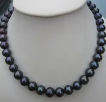 

Free shipping AAA 9-10mm natural tahitian black pearl necklace 925silver gold 18 inch