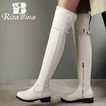 RIZABINA/Большие размеры 34-48, женские сапоги до бедра, Зимние удобные сапоги на плоской подошве с Плюшевым Мехом женские рыцарские Сапоги на молнии с пряжкой