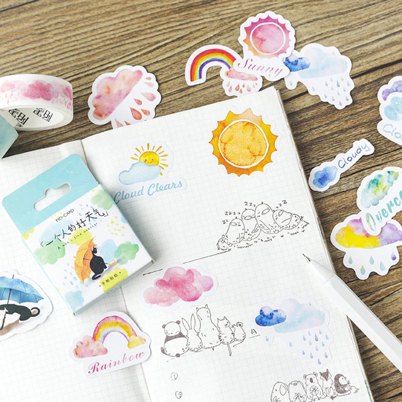 

46pcs Lonely Cat Fine Weather Stickers 44mm Mini Sunny Snow Rainy Rainbow Sticker Label Tag Decoration Gift Seal Journal H6418